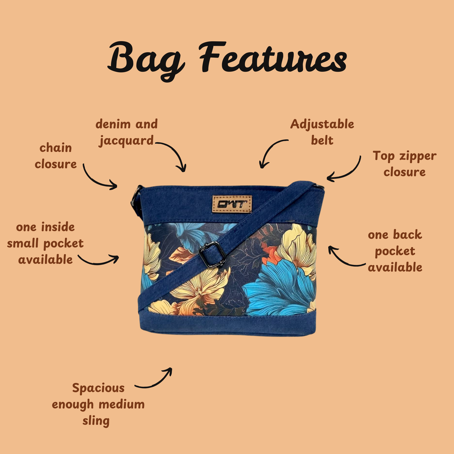 DURABLE BLUE DENIM FLOWER PRINT SLING BAG -A13