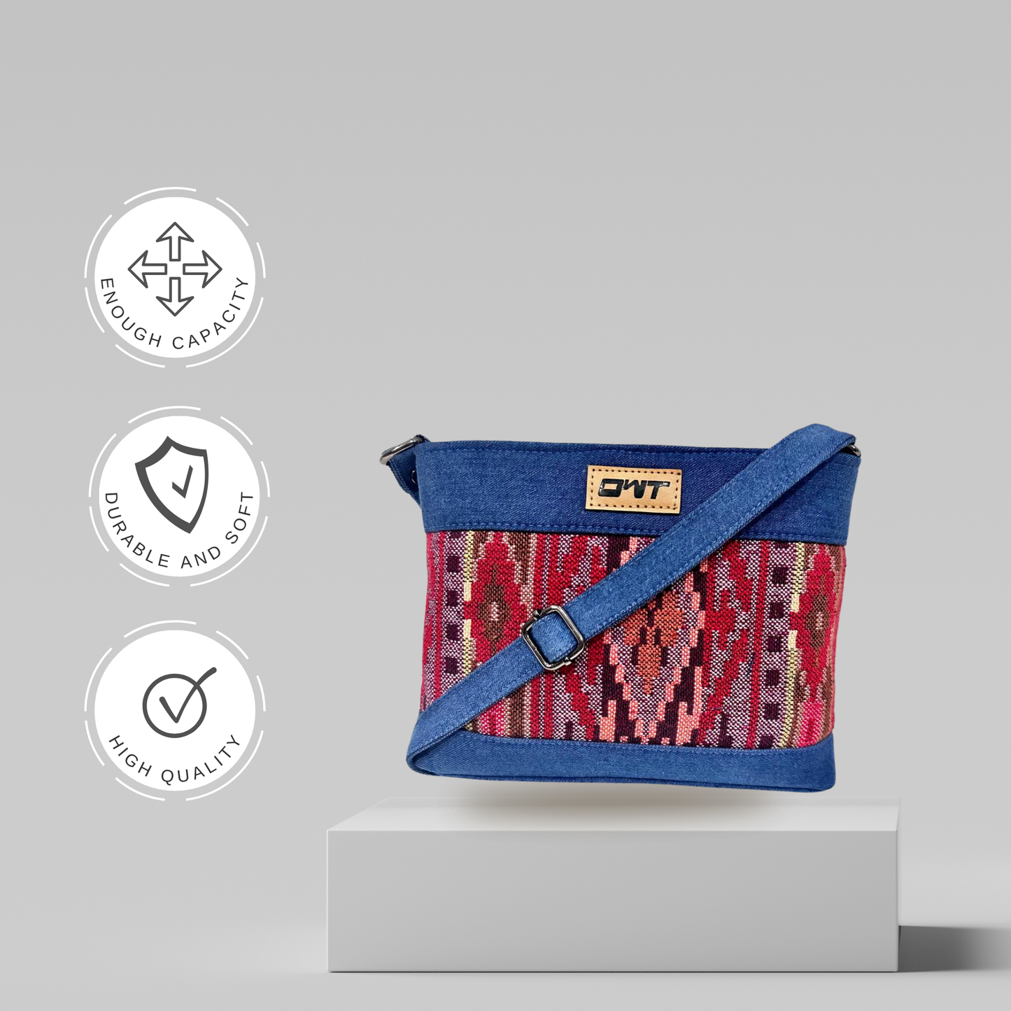 DURABLE BLUE DENIM MAROON PRINT SLING BAG -A16