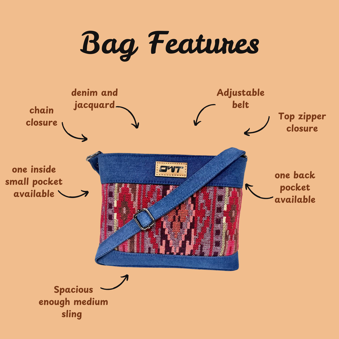DURABLE BLUE DENIM MAROON PRINT SLING BAG -A16