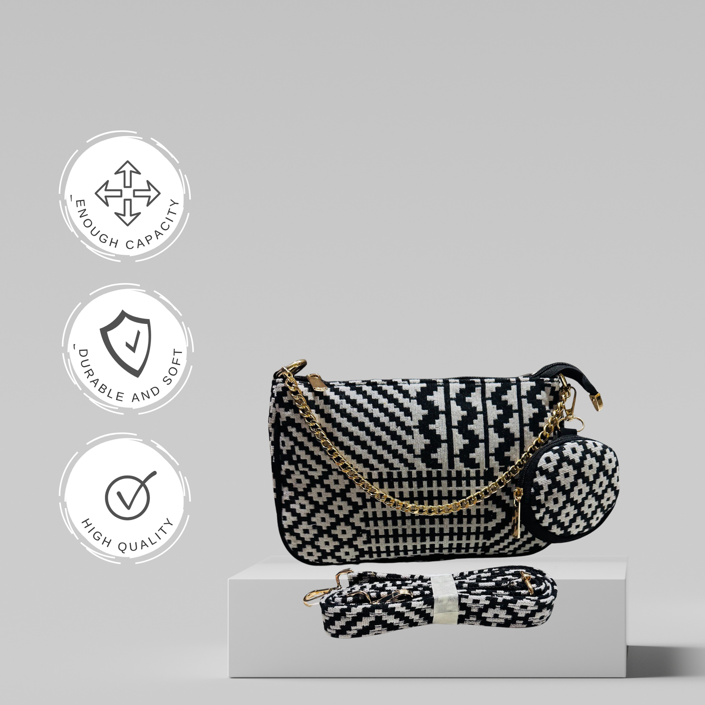 DURABLE BLACK And White Baguette BAG - F3