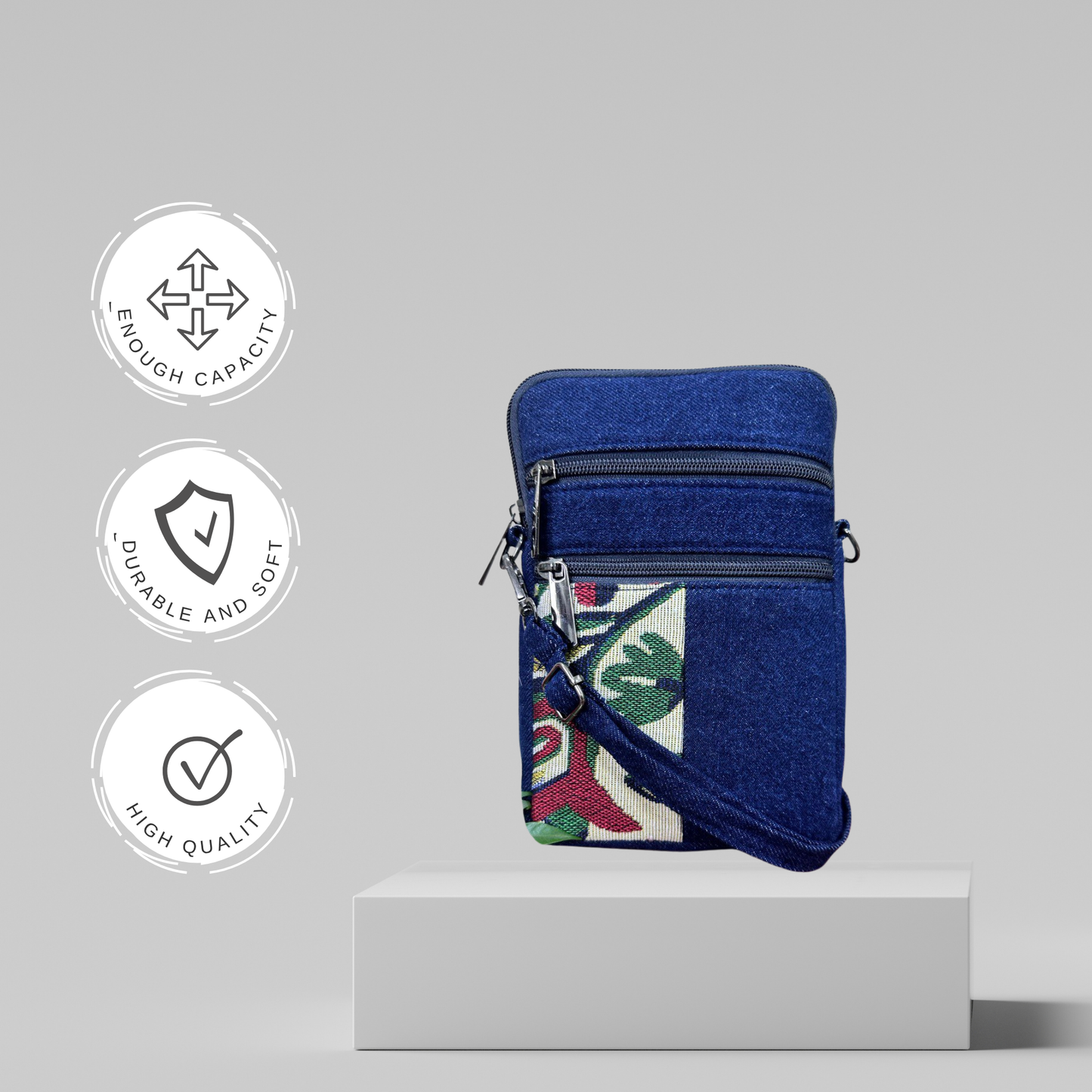 DURABLE GREEN AND MAROON DENIM MOBLIE SLING BAG - H2