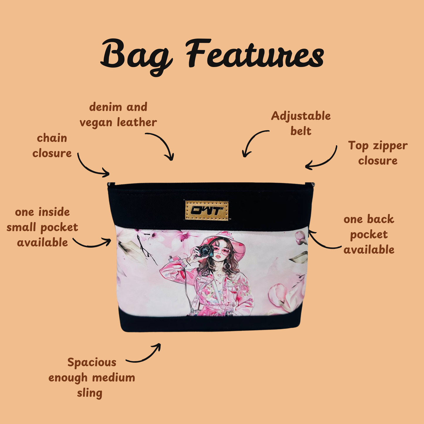 DURABLE BLACK DENIM SLING BAG - A11
