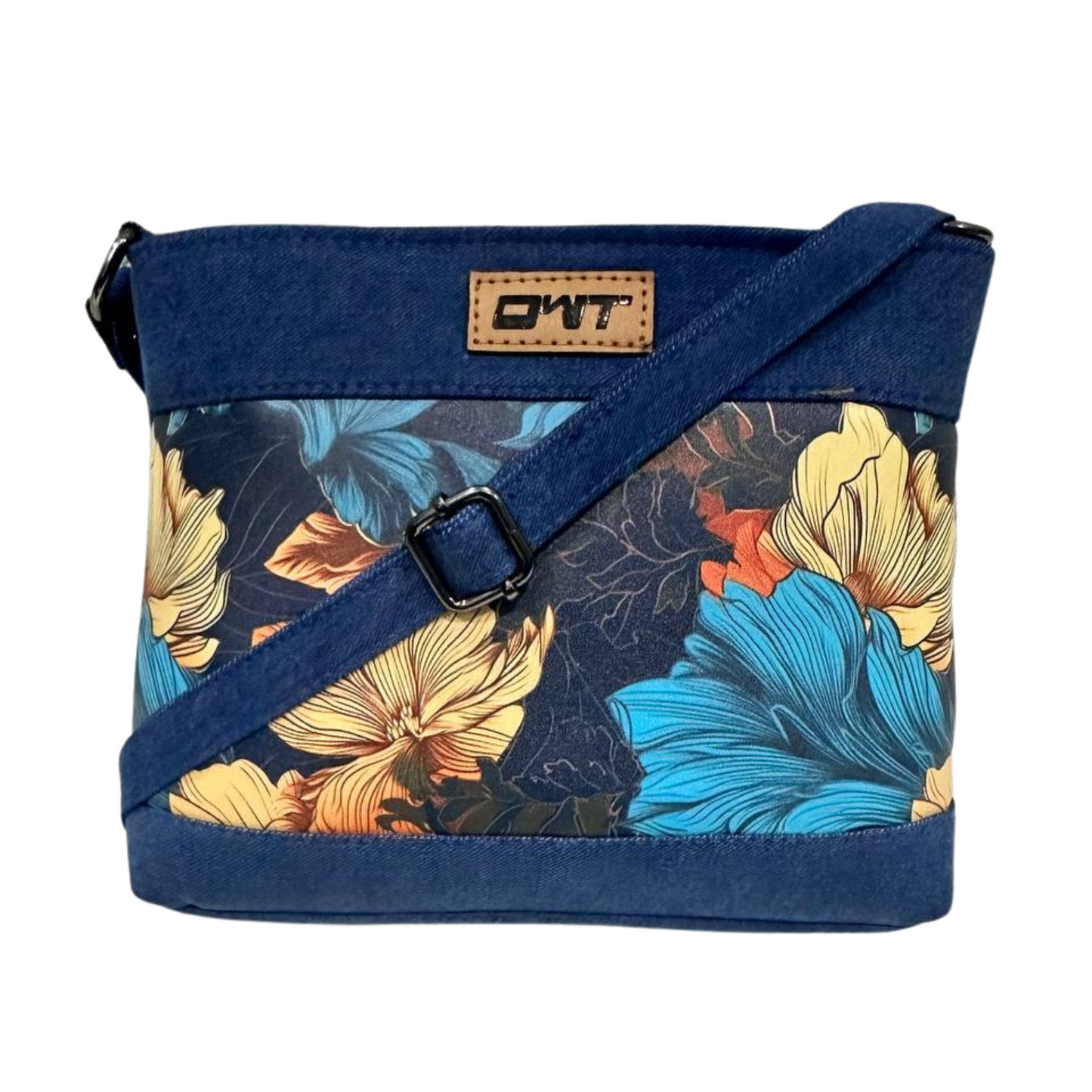 DURABLE BLUE DENIM FLOWER PRINT SLING BAG -A13