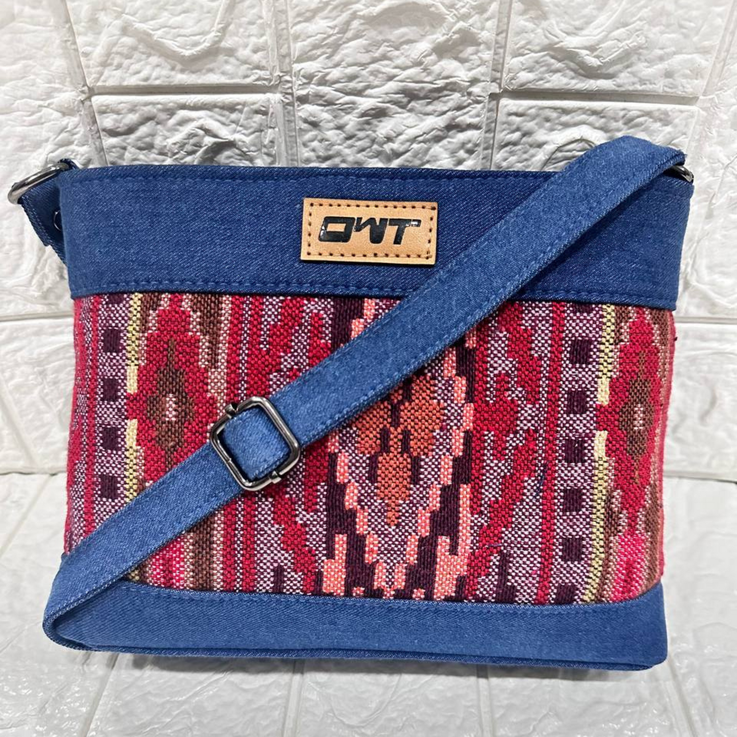 DURABLE BLUE DENIM MAROON PRINT SLING BAG -A16