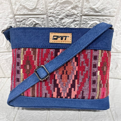DURABLE BLUE DENIM MAROON PRINT SLING BAG -A16