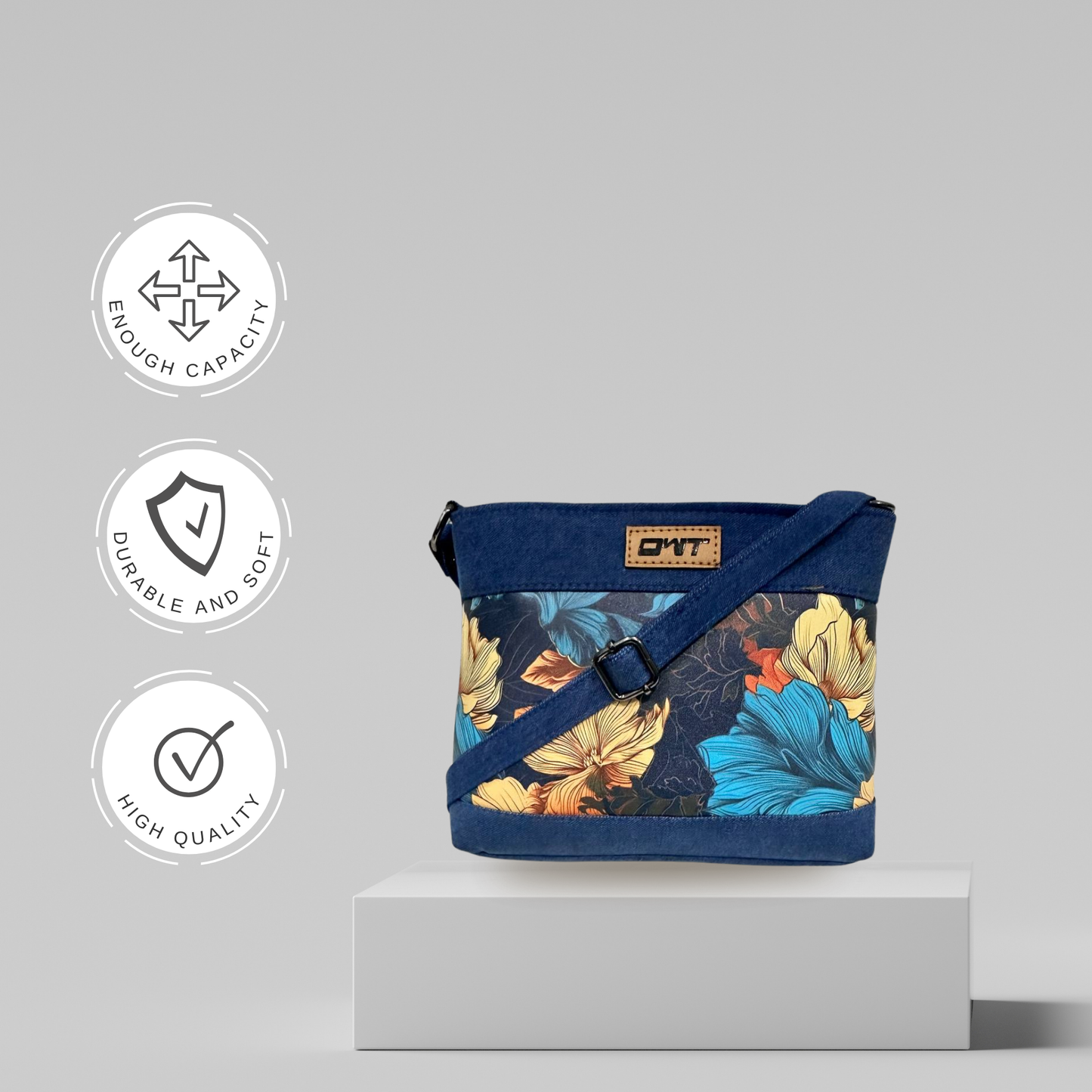 DURABLE BLUE DENIM FLOWER PRINT SLING BAG -A13