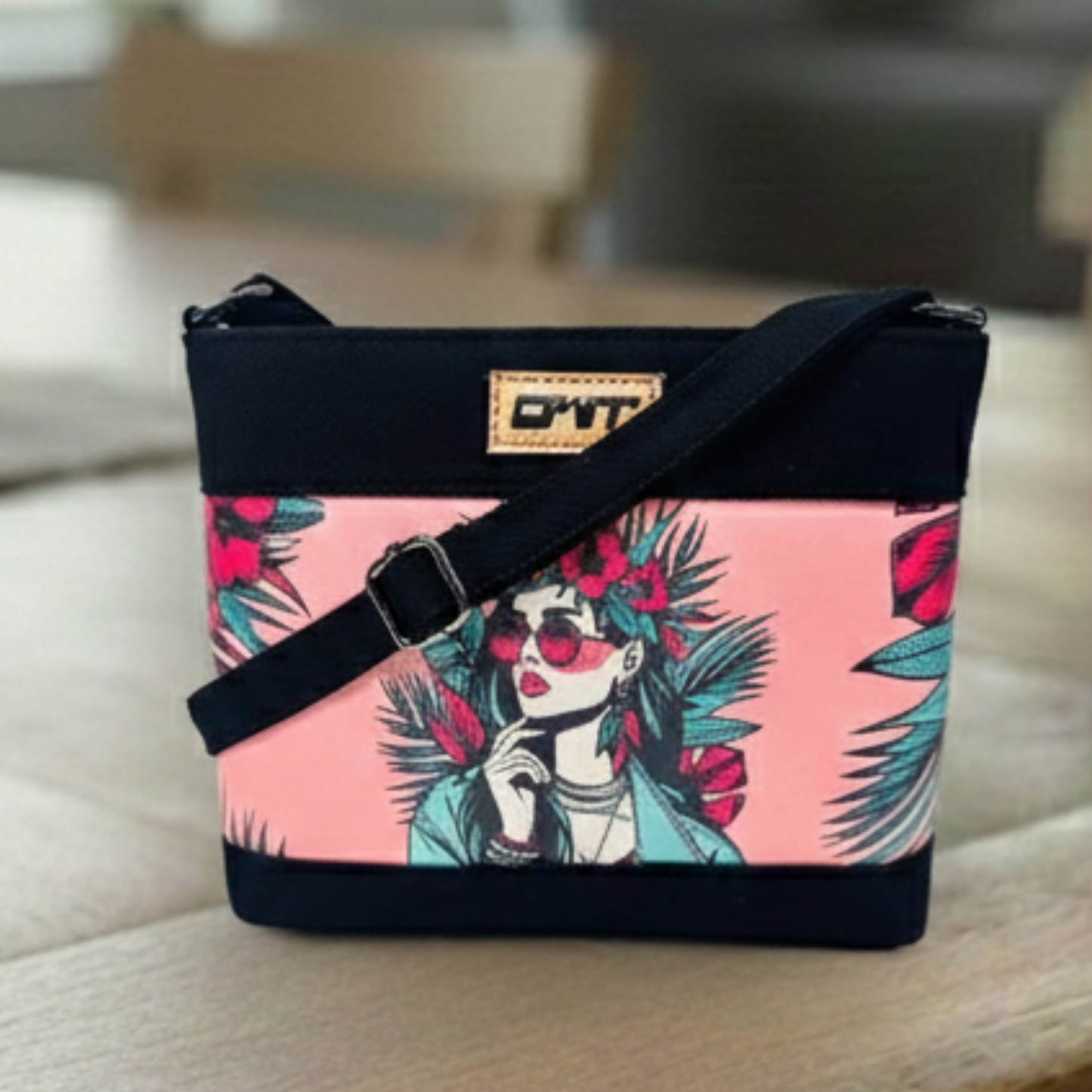 DURABLE BLACK DENIM PINK GIRL PRINT SLING BAG -A17