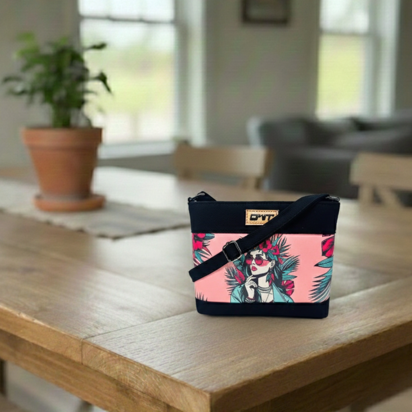 DURABLE BLACK DENIM PINK GIRL PRINT SLING BAG -A17