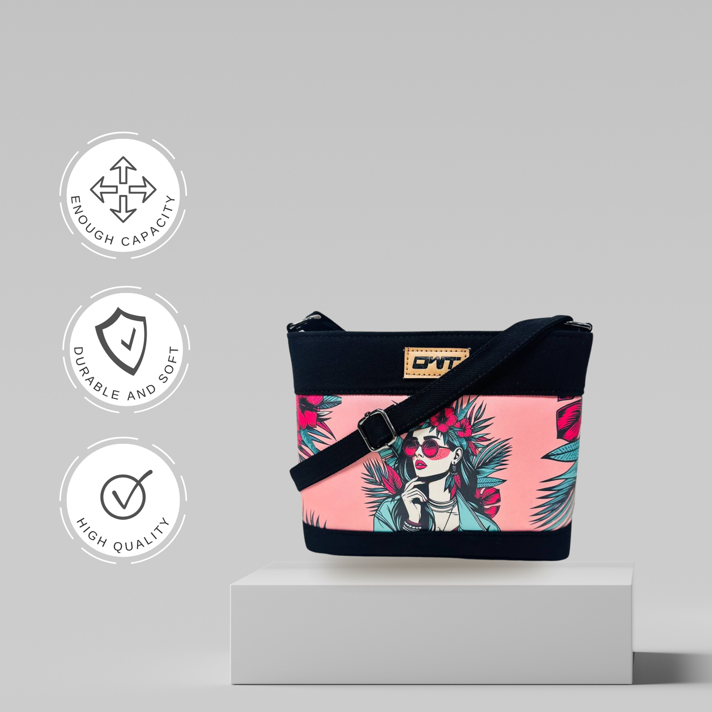 DURABLE BLACK DENIM PINK GIRL PRINT SLING BAG -A17