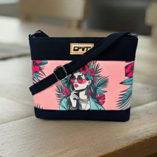 DURABLE BLACK DENIM PINK GIRL PRINT SLING BAG -A17