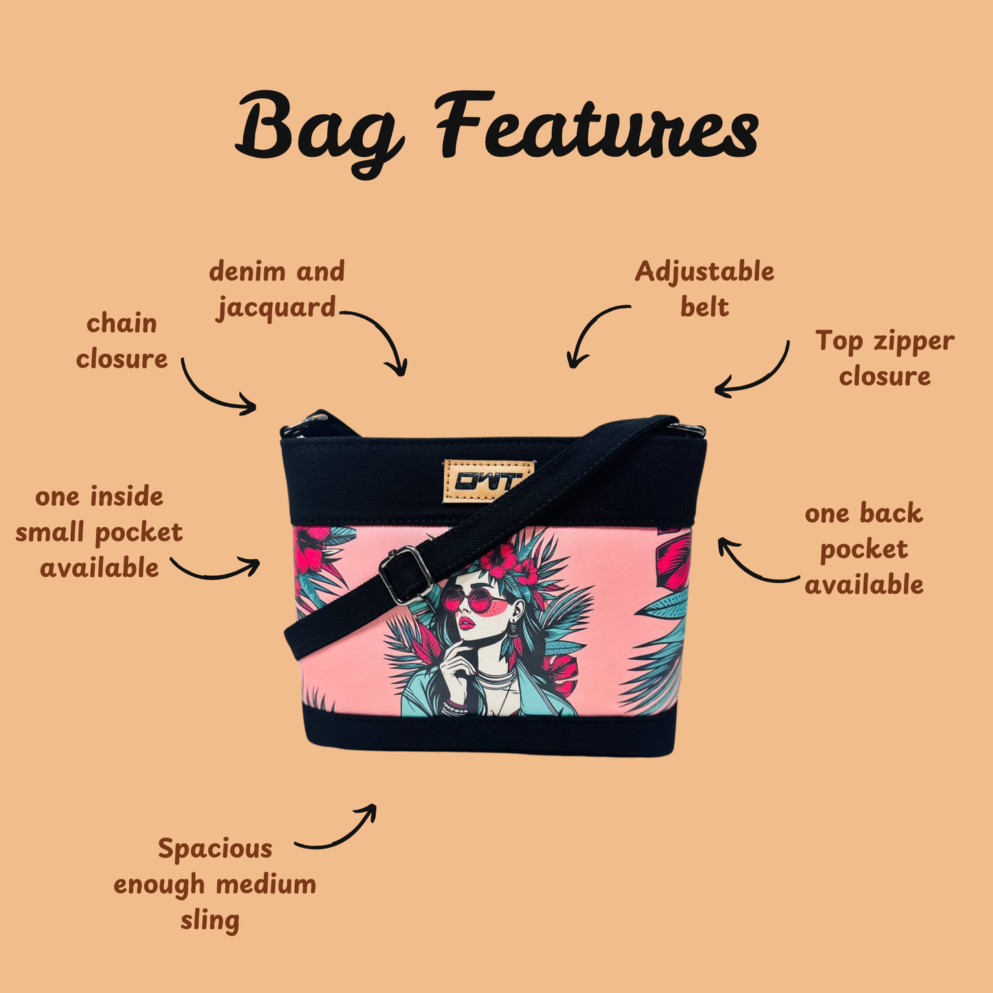 DURABLE BLACK DENIM PINK GIRL PRINT SLING BAG -A17