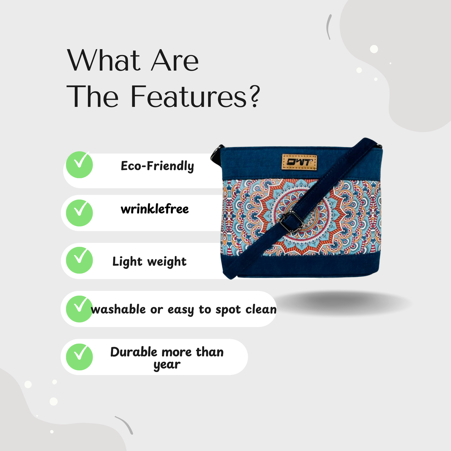 DURABLE BLUE DENIM MANDALA PRINT SLING BAG -A12