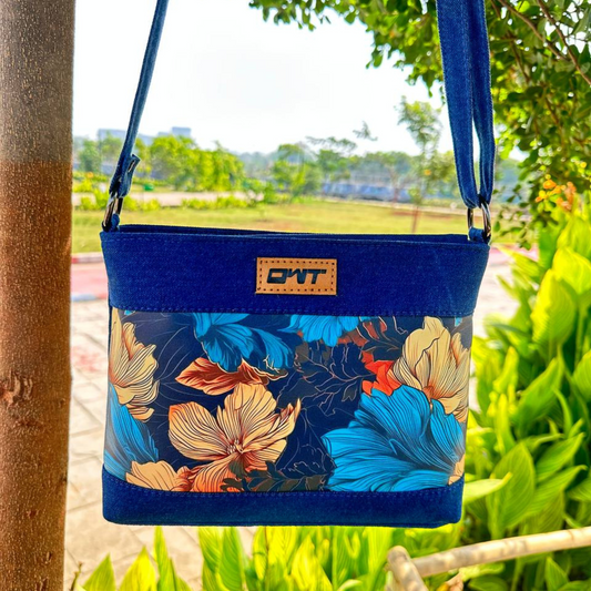 DURABLE BLUE DENIM FLOWER PRINT SLING BAG -A13