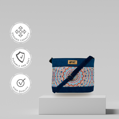 DURABLE BLUE DENIM MANDALA PRINT SLING BAG -A12
