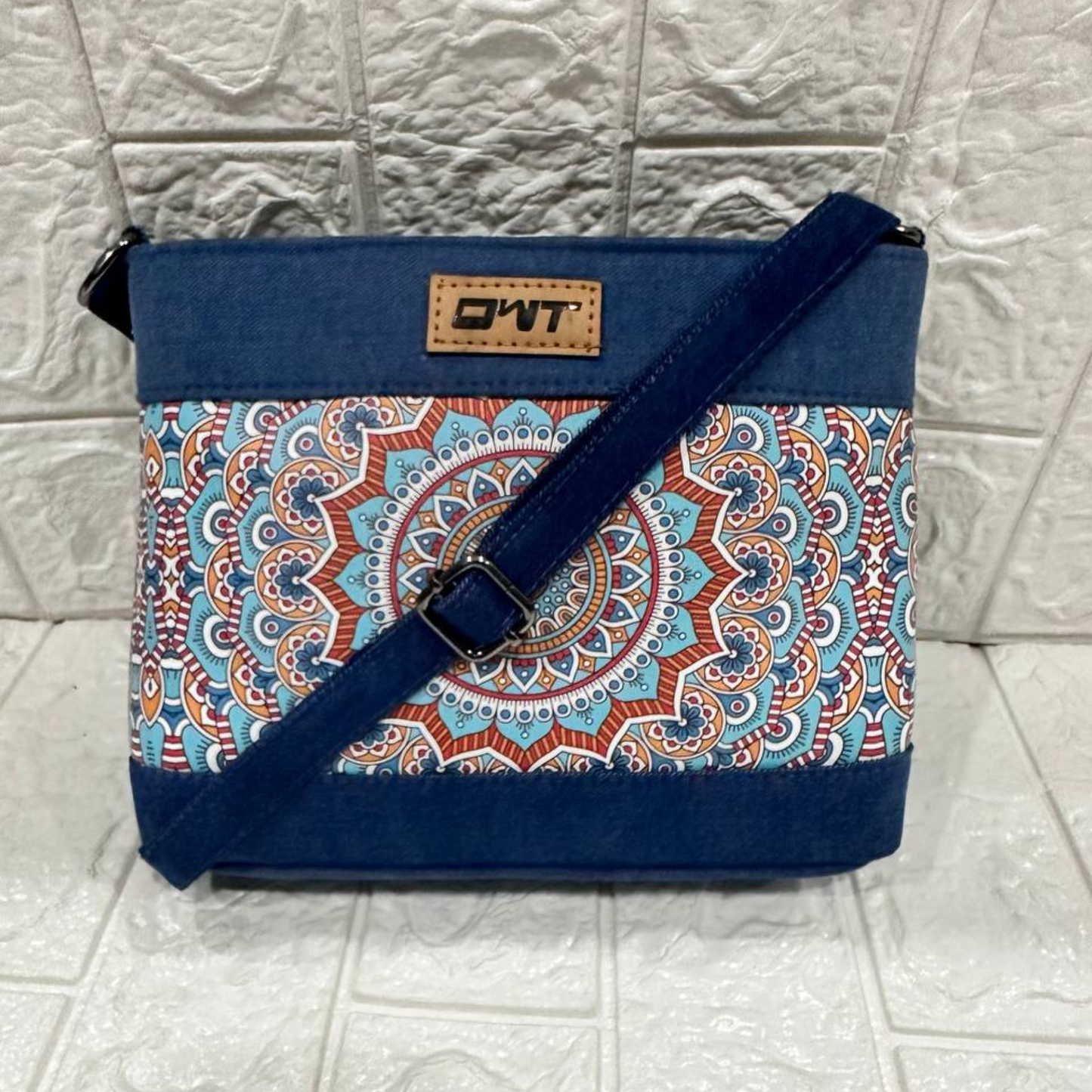 DURABLE BLUE DENIM MANDALA PRINT SLING BAG -A12