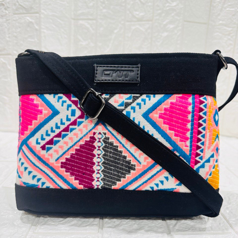 BLACK DENIM DURABLE MULTICOLOR SLING BAG