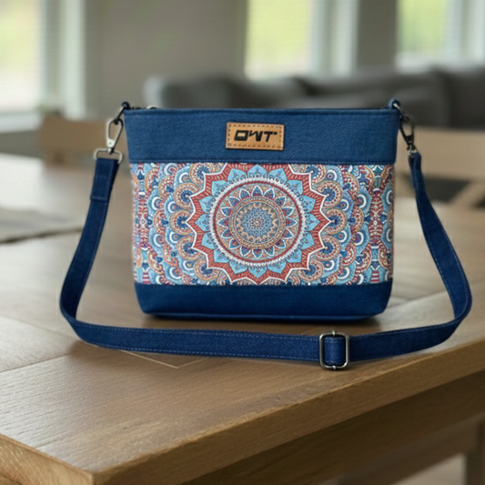 DURABLE BLUE DENIM MANDALA PRINT SLING BAG -A12