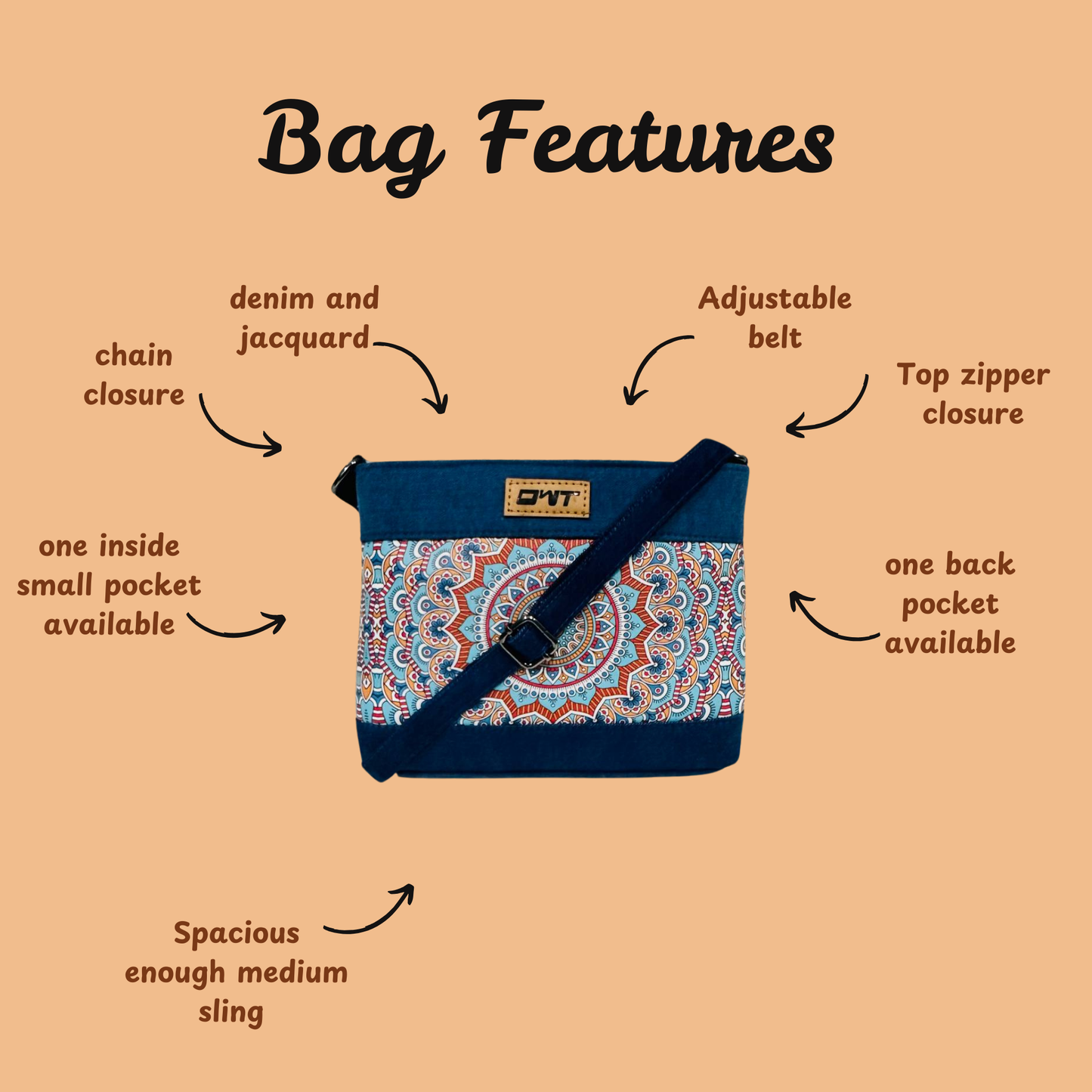DURABLE BLUE DENIM MANDALA PRINT SLING BAG -A12