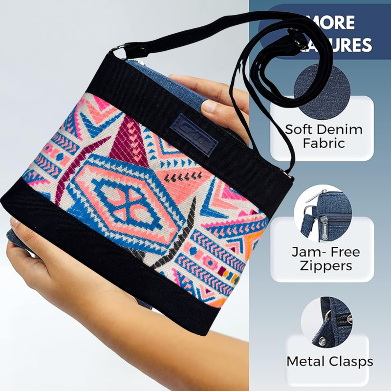 BLACK DENIM DURABLE MULTICOLOR SLING BAG