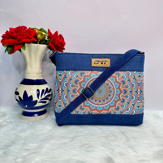 DURABLE BLUE DENIM MANDALA PRINT SLING BAG -A12