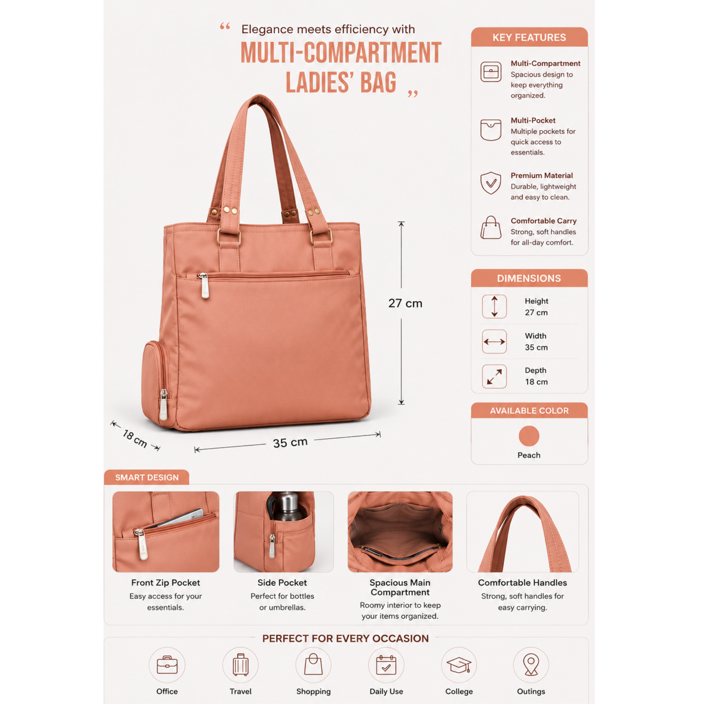 Waterproof Rainproof Tote/ shoulder bag Peach colour
