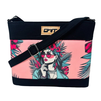 DURABLE BLACK DENIM PINK GIRL PRINT SLING BAG -A17