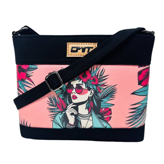 DURABLE BLACK DENIM PINK GIRL PRINT SLING BAG -A17