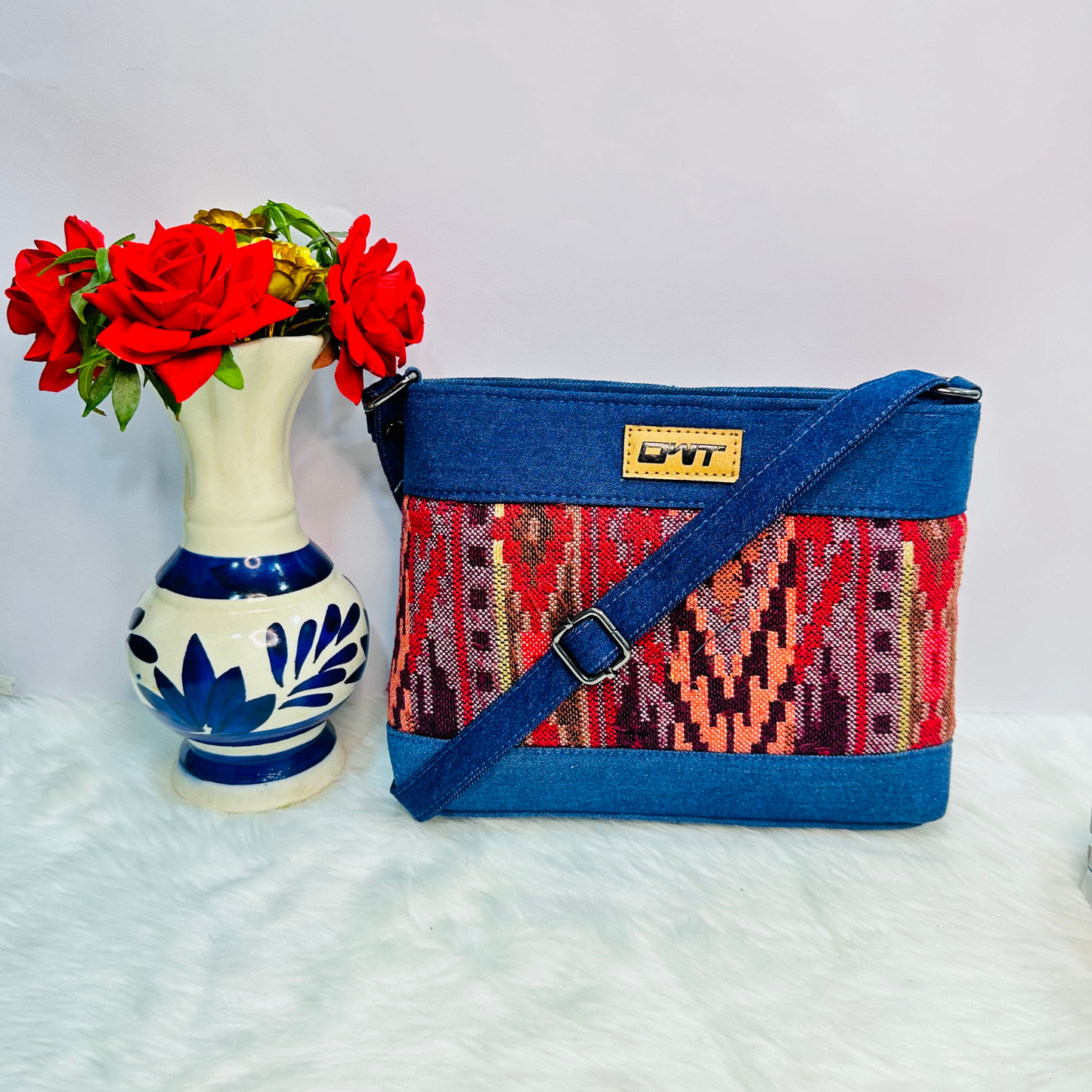 DURABLE BLUE DENIM MAROON PRINT SLING BAG -A16