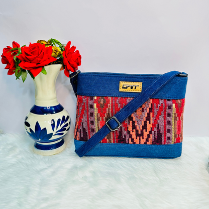 DURABLE BLUE DENIM MAROON PRINT SLING BAG -A16