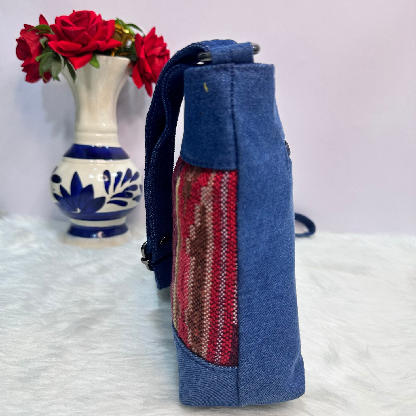 DURABLE BLUE DENIM MAROON PRINT SLING BAG -A16