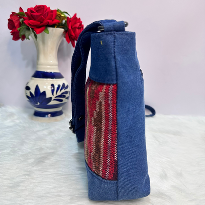 DURABLE BLUE DENIM MAROON PRINT SLING BAG -A16
