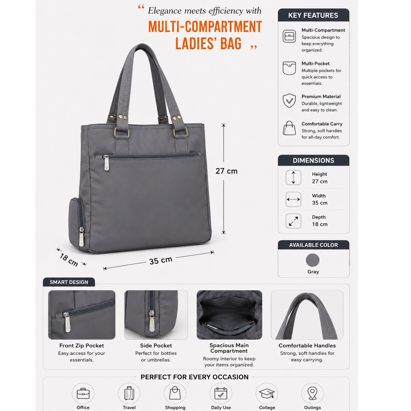 Waterproof Rainproof Tote/ shoulder bag greay colour