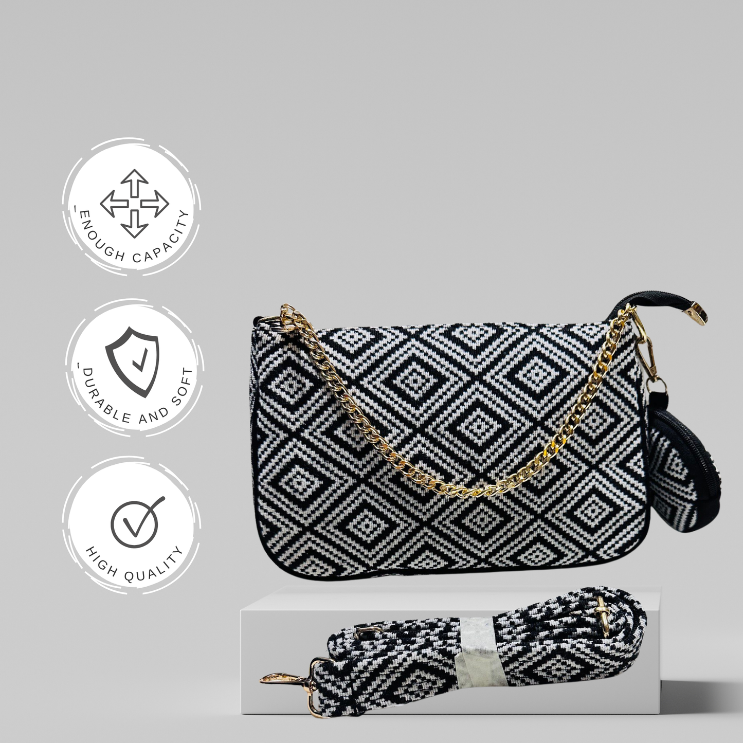 DURABLE BLACK And White Baguette BAG - F2
