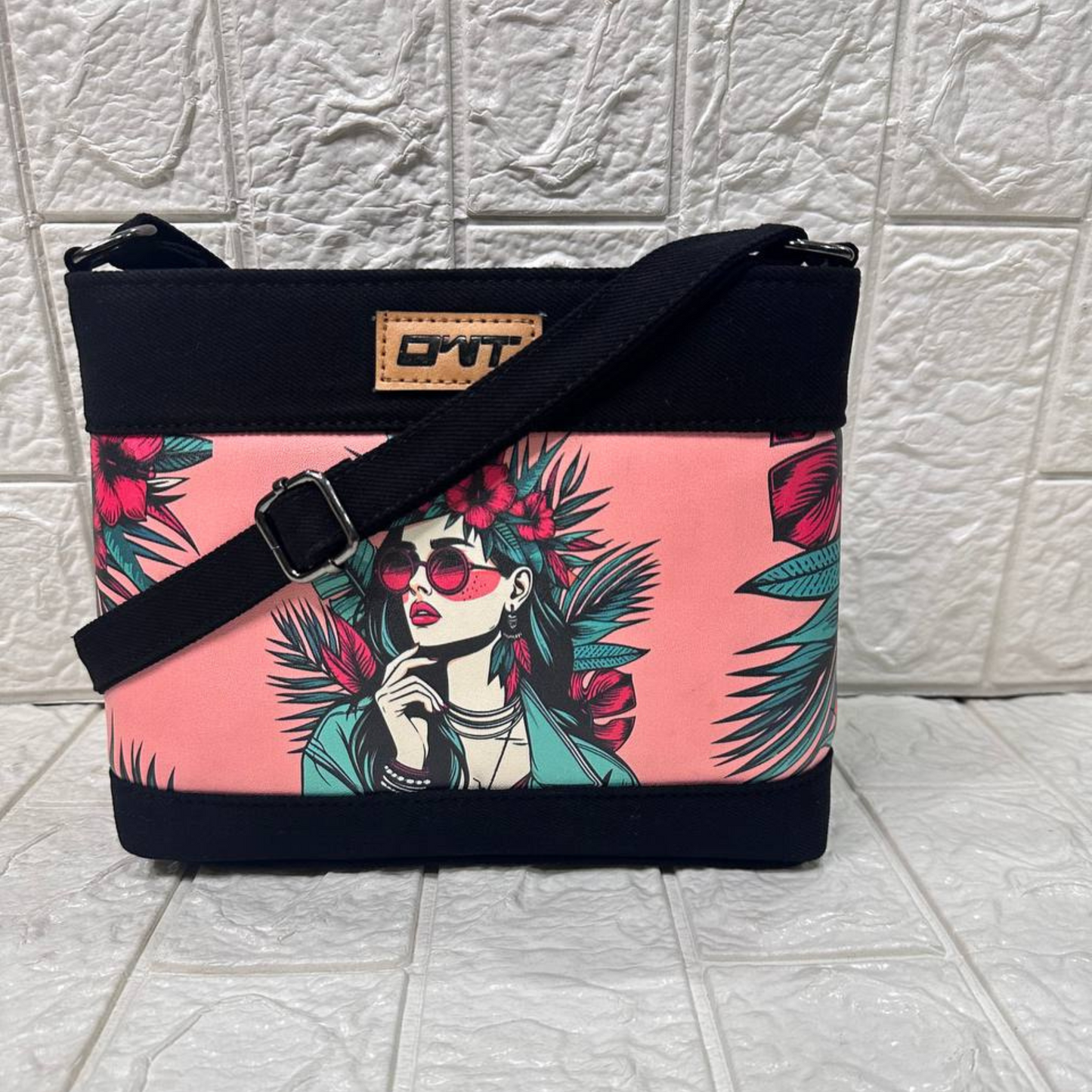 DURABLE BLACK DENIM PINK GIRL PRINT SLING BAG -A17