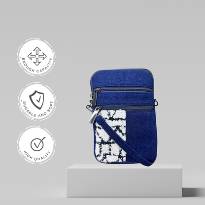 DURABLE BLUE AND WHITE DENIM MOBLIE SLING BAG - H1