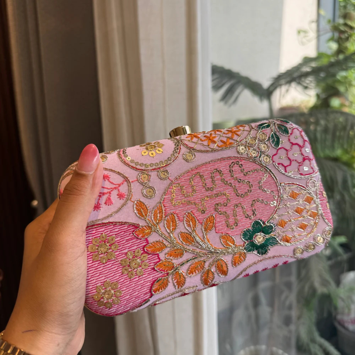 Embroidered Ethnic Clutch for Women Mobile party clutch Pink