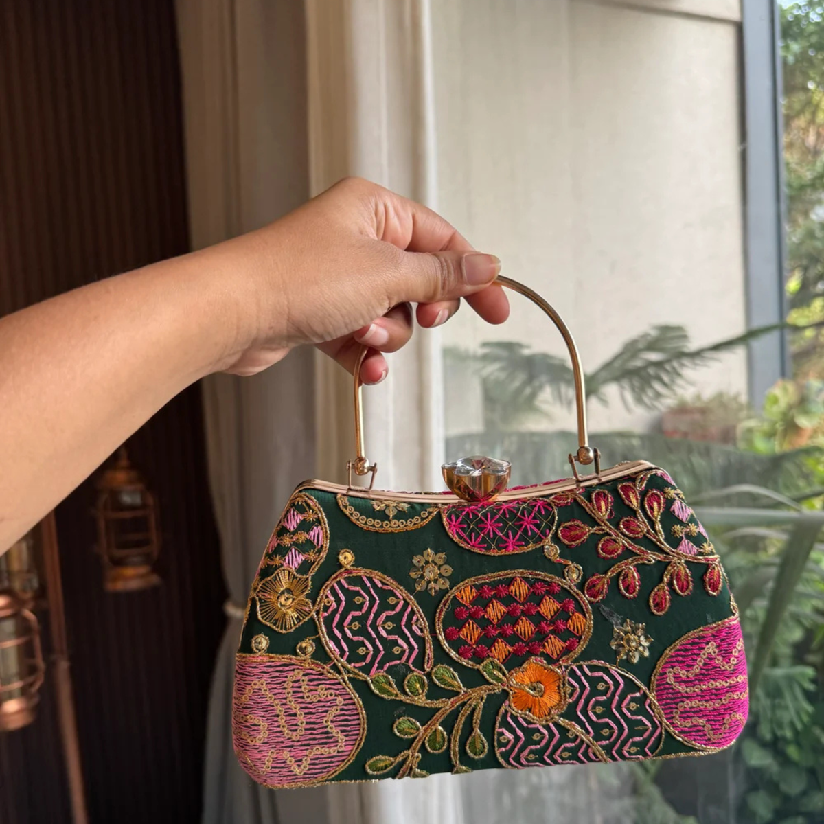 Embroidered Ethnic Clutch for Women Mobile party clutch Green