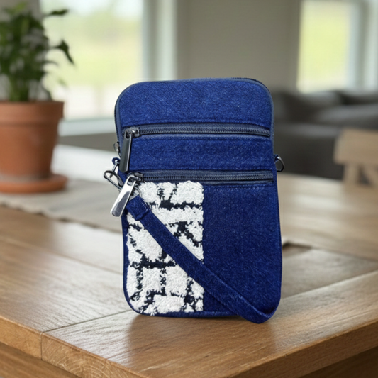 DURABLE BLUE AND WHITE DENIM MOBLIE SLING BAG - H1