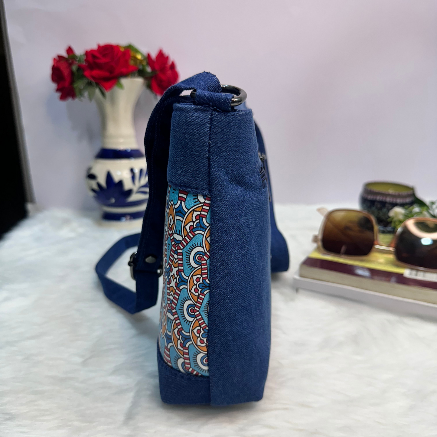DURABLE BLUE DENIM MANDALA PRINT SLING BAG -A12
