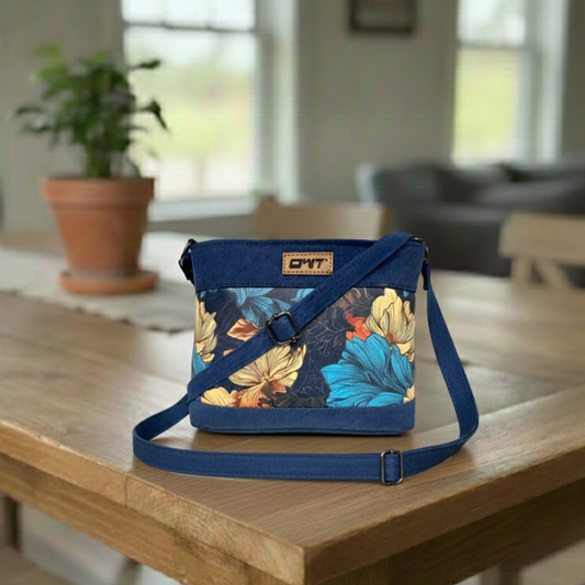 DURABLE BLUE DENIM FLOWER PRINT SLING BAG -A13