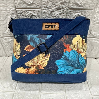 DURABLE BLUE DENIM FLOWER PRINT SLING BAG -A13