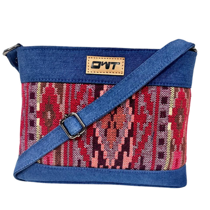 DURABLE BLUE DENIM MAROON PRINT SLING BAG -A16