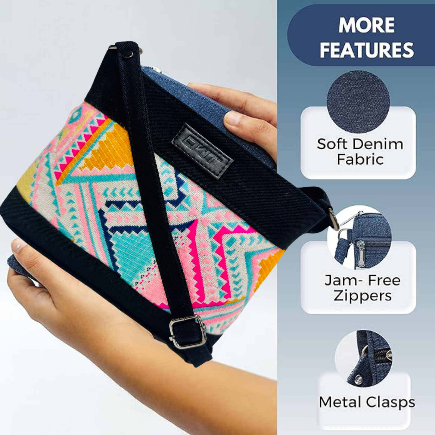 DURABLE BLACK DENIM SLING BAG - A6