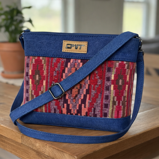 DURABLE BLUE DENIM MAROON PRINT SLING BAG -A16