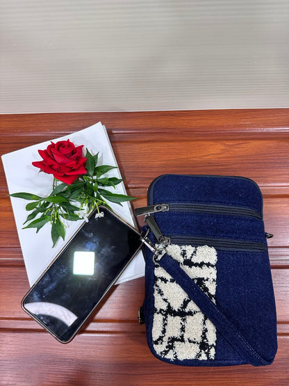 DURABLE BLUE AND WHITE DENIM MOBLIE SLING BAG - H1