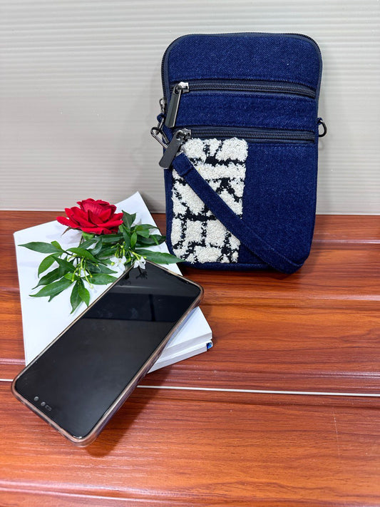 DURABLE BLUE AND WHITE DENIM MOBLIE SLING BAG - H1