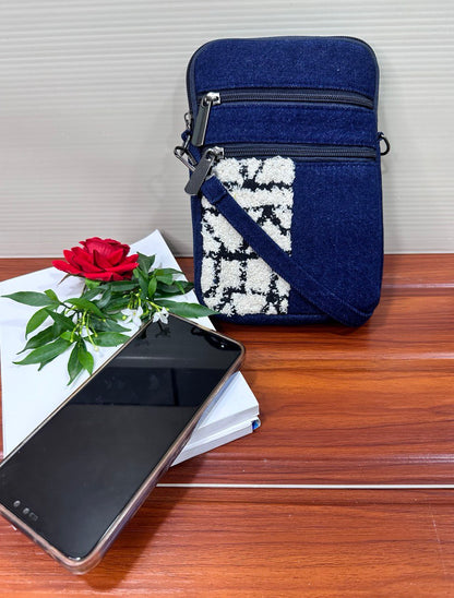 DURABLE BLUE AND WHITE DENIM MOBLIE SLING BAG - H1