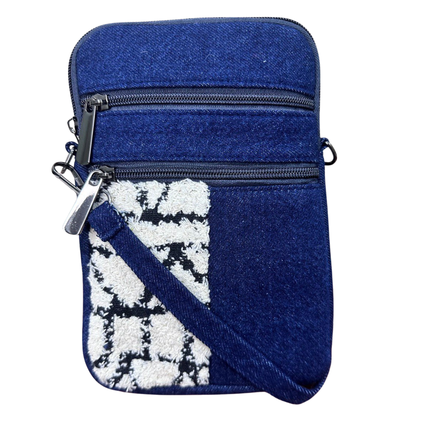 DURABLE BLUE AND WHITE DENIM MOBLIE SLING BAG - H1