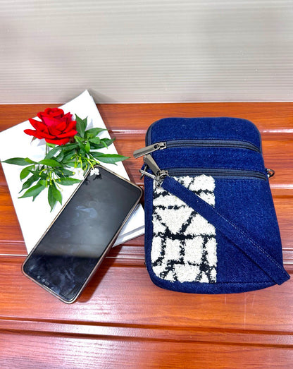 DURABLE BLUE AND WHITE DENIM MOBLIE SLING BAG - H1