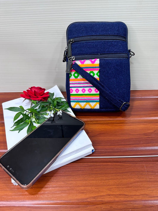 DURABLE PINK AND GREEN  DENIM MOBLIE SLING BAG - H3
